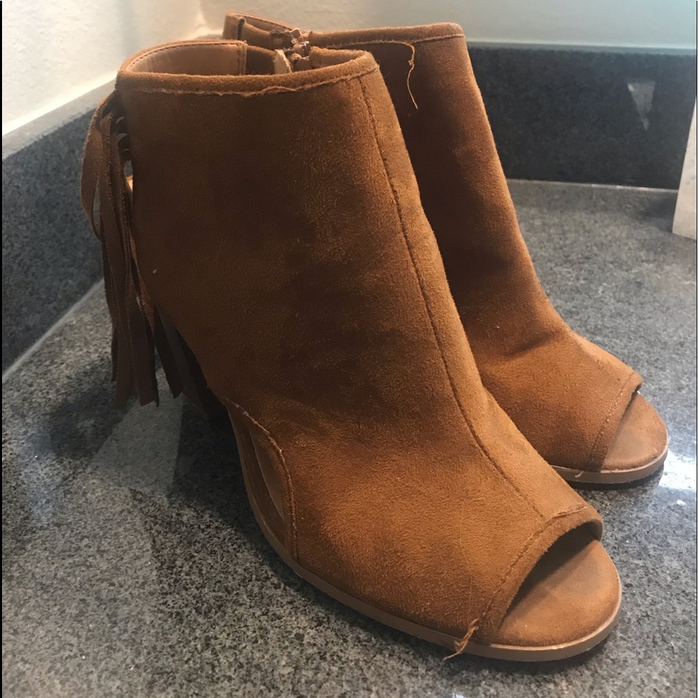 Lightly worn brown peep toe ankle booties